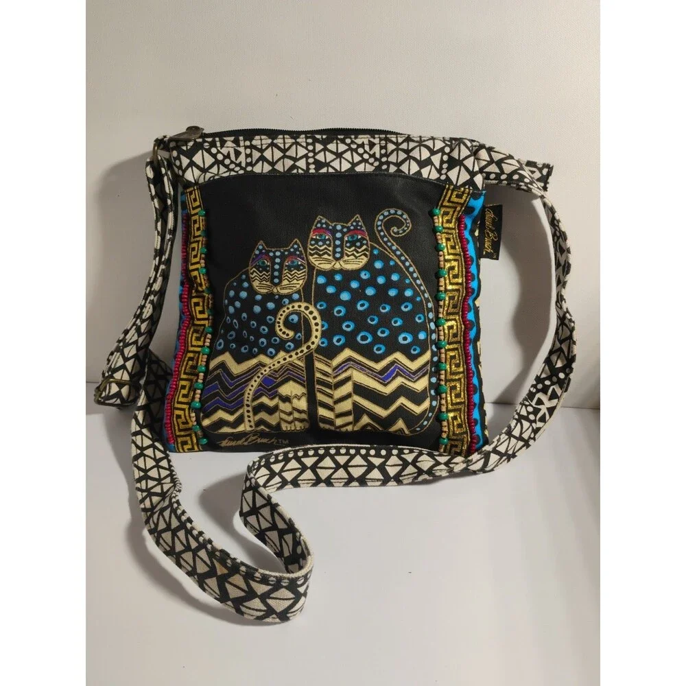Laurel Burch Crossbody Canvas Bag Cats Zip Top Purse Handbag